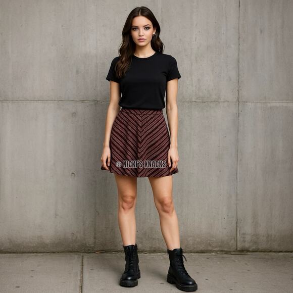Burgundy Tribal Chevron Flare Mini Skirt Pull On Soft Knit Y2K Festival Size S - Picture 8 of 9